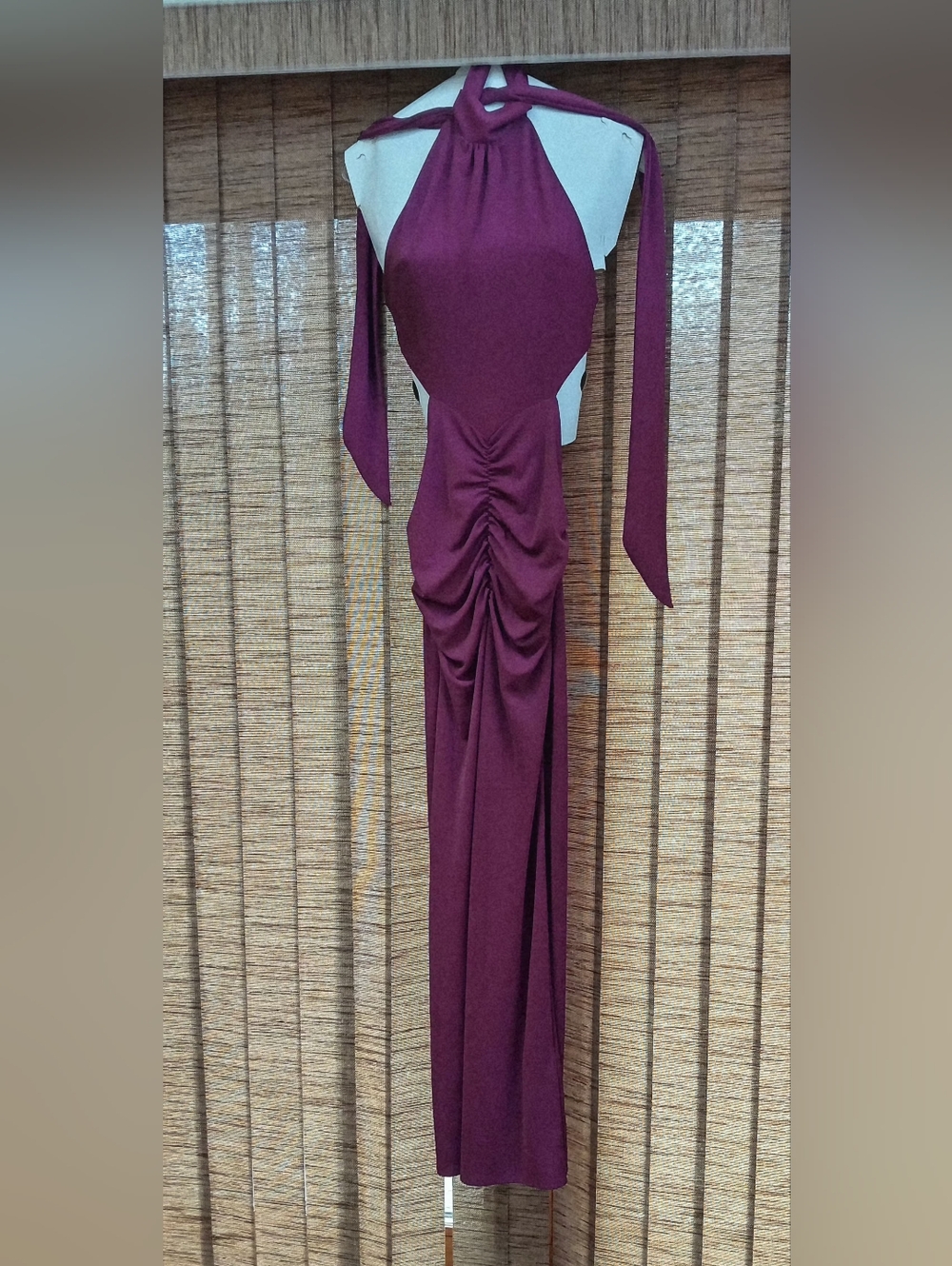 Zara Wine Backless Ruched Halter Gown